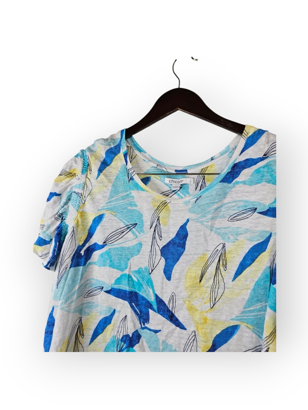 Chico's 100% Linen Leaf Print Flutter Sleeve Top Blue Yellow White Size 3 XL - Picture 3 of 6